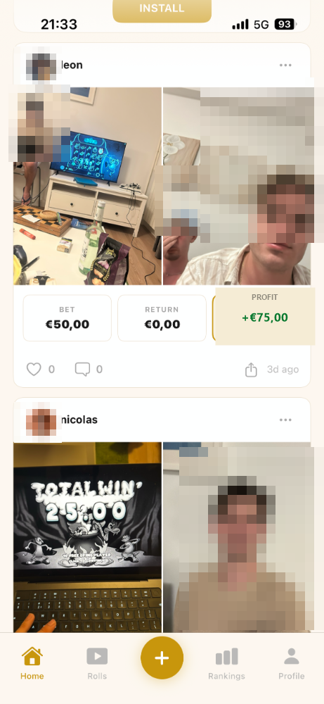 Rush app feed screen showing shared betting results