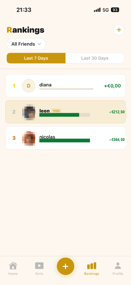 Rush app rankings screen showing leaderboard